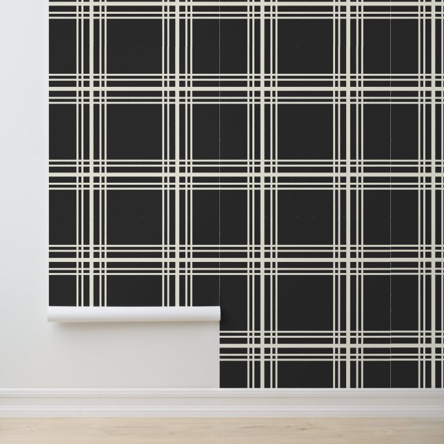 Trendy Dark Charcoal Black Ivory White Grid Lines Tapete (Anwendung)