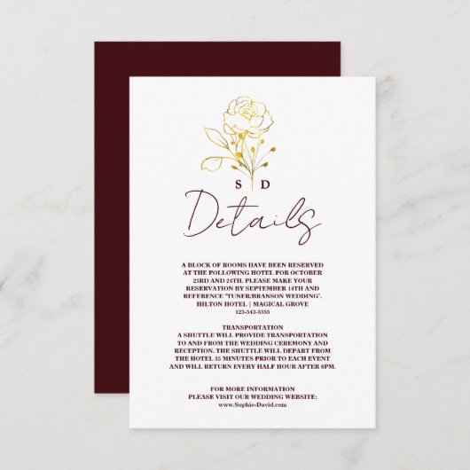 Trendy Deep Burgundy Gold Monogram Wedding Details Begleitkarte (Vorne/Hinten)