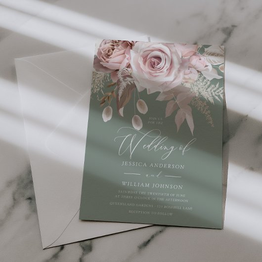 Trendy Designer Blush & Sage Wedding Einladung