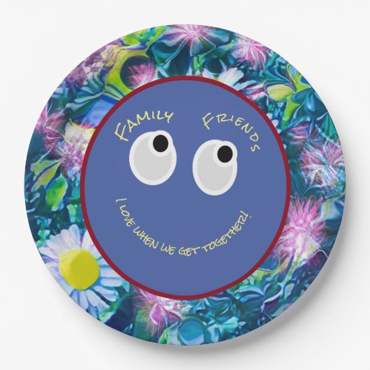 Trendy Digital Field of Wildblumen, Happy Face Pappteller (Vorderseite)