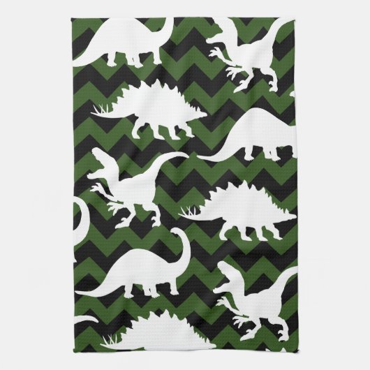 Trendy Dinosaurier Silhouetten & Green Chevrons Geschirrtuch (Vertikal)