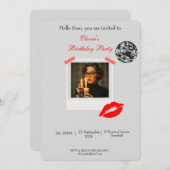 Trendy Disco Polaroid Rahmen mit Red Lips Geburtst Einladung (Vorne/Hinten)