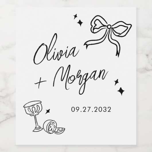 Trendy Doodle Script Ribbon Wedding Weinetikett (Einzelnes Label)