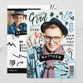 Trendy Doodle Sketch Magazine Cover Boy Grad Party Einladung