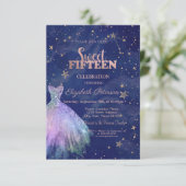 Trendy Dress Stars Navy Blue Holographic Sweet 15 Einladung (Stehend Vorderseite)