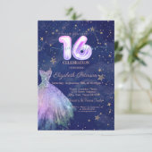 Trendy Dress Stars Navy Blue Holographic Sweet 16 Einladung (Stehend Vorderseite)