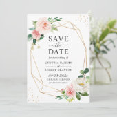 Trendy Dusty Blue Blush Pink Floral Gold Geometric Save The Date (Stehend Vorderseite)