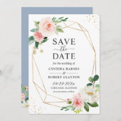 Trendy Dusty Blue Blush Pink Floral Gold Geometric Save The Date (Vorne/Hinten)