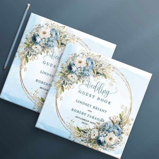Trendy Dusty Blue Floral Eucalyptus Gold Glitter Gästebuch