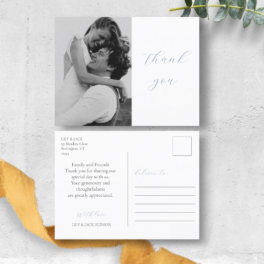 Trendy Dusty Blue Script Foto Wedding Vielen Dank Postkarte