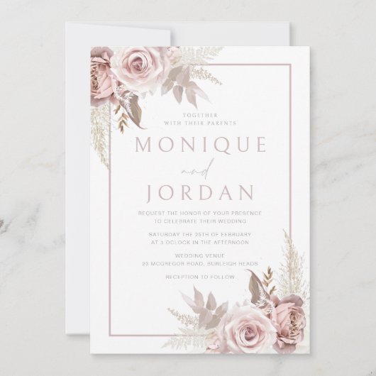 Trendy Dusty Rose Floral Boho Wedding Einladung (Vorderseite)