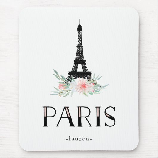 Trendy Eiffel-Turm und erröten rosa Blumen | Paris Mousepad (Vorne)