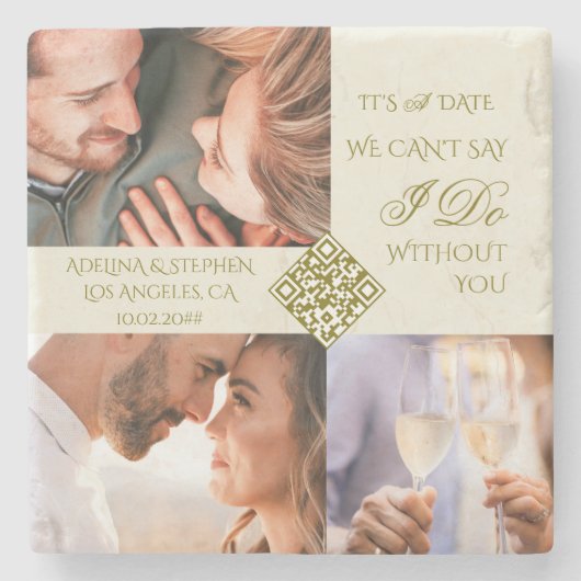 Trendy Einfache Drei-Foto-QR-Code-Save-the-Date-Ka Steinuntersetzer (Vorderseite)