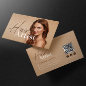 Trendy Elegant Biege Friseurstylist Foto QR Code Visitenkarte