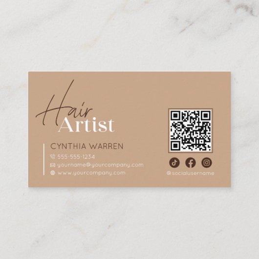 Trendy Elegant Biege Friseurstylist Foto QR Code Visitenkarte (Rückseite)