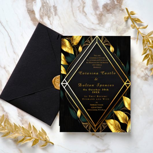 Trendy Elegant Black Velvet und Gold Foliage Folieneinladung