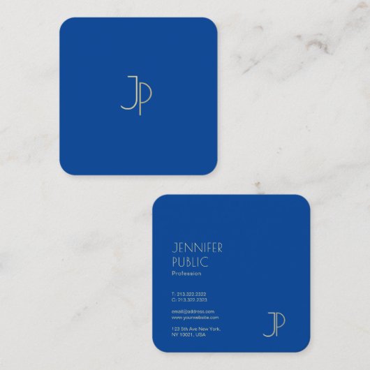 Trendy Elegant Deep Blue Modern Monogram Template Quadratische Visitenkarte (Vorne/Hinten)