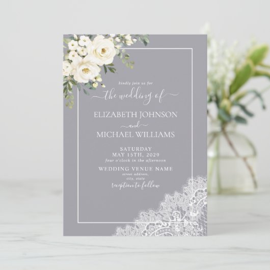 Trendy Elegant Gray Rustic Script Foto Wedding Einladung (Stehend Vorderseite)