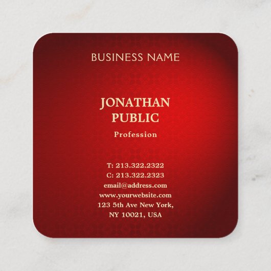 Trendy Elegant Red Damask Gold Name Modern Quadratische Visitenkarte (Rückseite)
