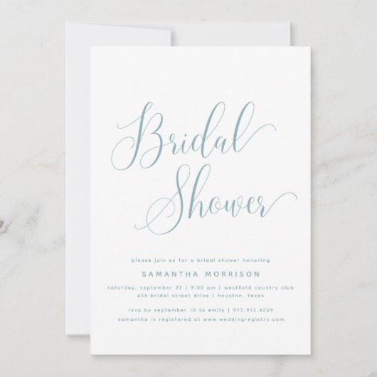 Trendy Elegant Script Dusty Blue Brautparty Einladung (Vorderseite)