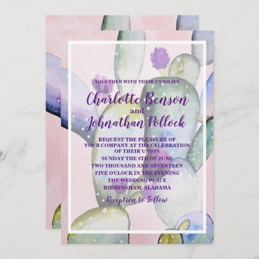 Trendy Elegant Watercolor Cactus Wedding Einladung (Vorne/Hinten)
