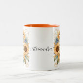 Trendy Elegant Watercolor Sonnenblumen Monogram Na Zweifarbige Tasse (Mittel)