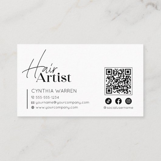 Trendy Elegant White Hairstylist Foto QR Code Visitenkarte (Rückseite)
