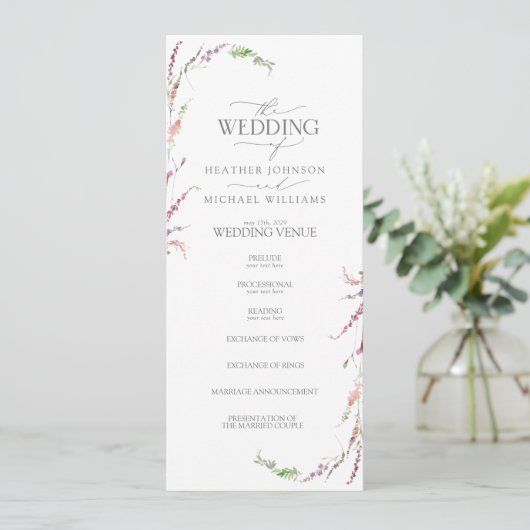 Trendy Elegante Wildblume Floral Wedding Programm (Stehend Vorderseite)