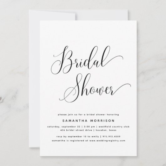 Trendy Elegantes Script Black & White Brautparty Einladung (Vorderseite)