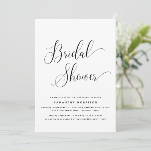 Trendy Elegantes Script Black & White Brautparty Einladung (Stehend Vorderseite)