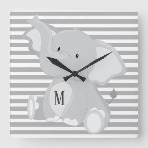 Trendy Elephant Monogram, grau-weiße Streifen Quadratische Wanduhr