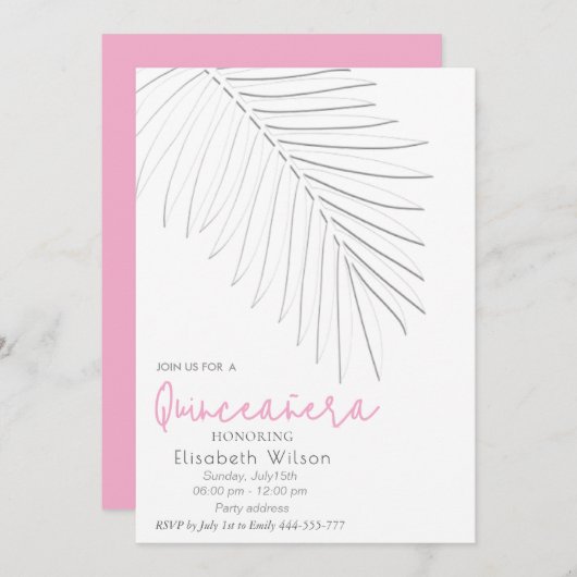 Trendy Embossed Palm minimalistisches Skript Quinc Einladung (Vorne/Hinten)