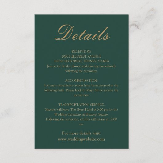 Trendy Emerald Green Gold Minimalistisch Wedding Begleitkarte (Vorderseite)
