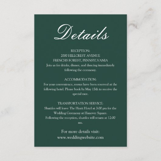 Trendy Emerald Green Minimalistisch Wedding Begleitkarte (Vorderseite)
