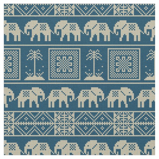 Trendy Ethnic Elephants Blau und Weiß Muster Stoff (Nahaufnahme)