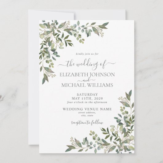 Trendy Eucalyptus Greenerenery Script Wedding Einladung (Vorderseite)