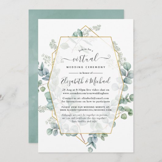 Trendy Eukalyptus Geometric Online Virtual Wedding Einladung (Vorne/Hinten)