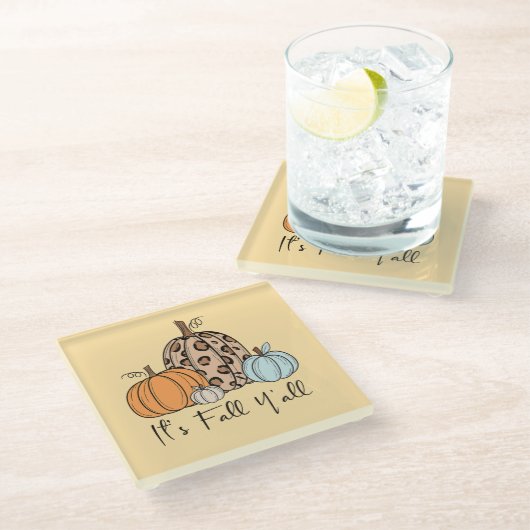 Trendy Fall Pumpkin | Zitat "It's Fall Y'all" Glasuntersetzer (Schrägansicht)
