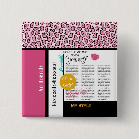 Trendy Fashion Newsprint Pink Leopard und Name Button (Vorderseite)