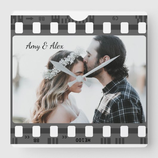 Trendy Film Reel Movie Personalized Picture Frame Quadratische Wanduhr (Vorderseite)