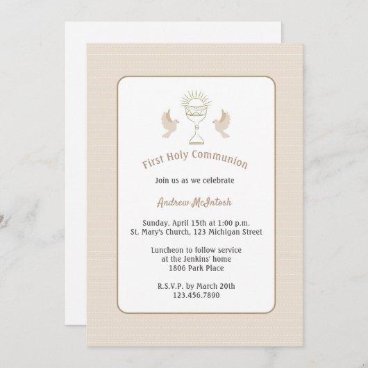 Trendy First Communité Tan Streifen mit Chalice Einladung (Vorne/Hinten)