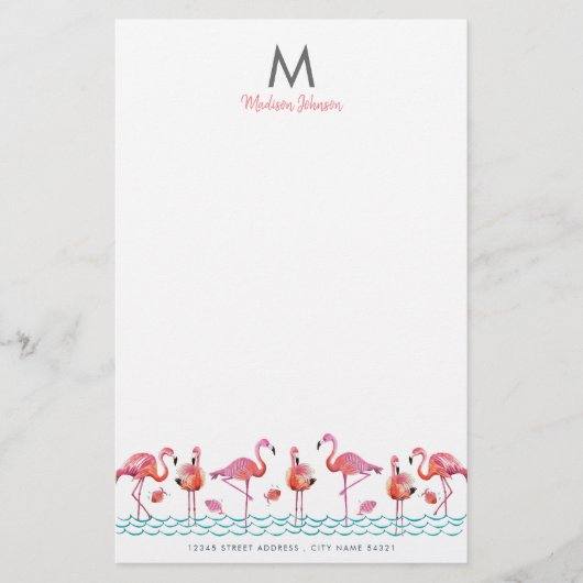 Trendy Flamingo Pink & Blue Vögel Monogramm zeichn Briefpapier (Vorderseite)