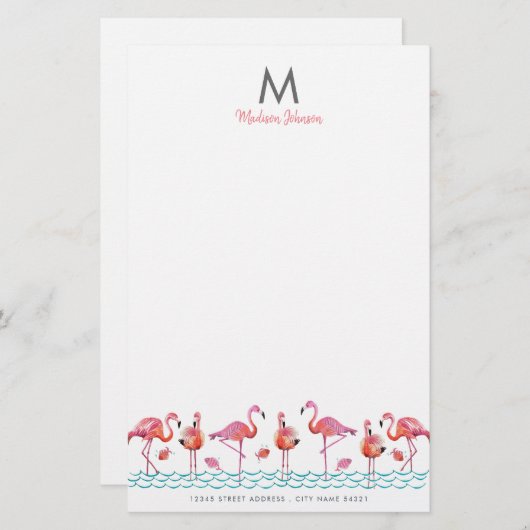 Trendy Flamingo Pink & Blue Vögel Monogramm zeichn Briefpapier (Vorne/Hinten)
