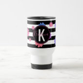Trendy Floral Black & White Streifen Personalisier Reisebecher (Mittel)