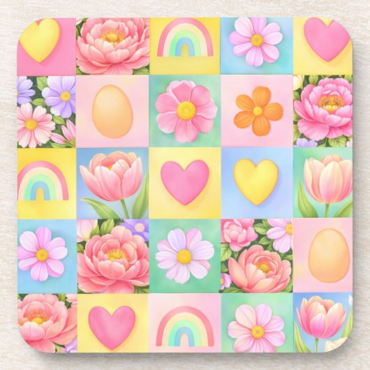 Trendy Floral Checkerboard Spring Pattern Getränkeuntersetzer (Vorderseite)