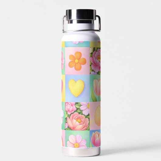 Trendy Floral Checkerboard Spring Pattern Trinkflasche (Rückseite)