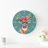 Trendy Floral Deer Antlers Illustration Große Wanduhr (Zuhause)