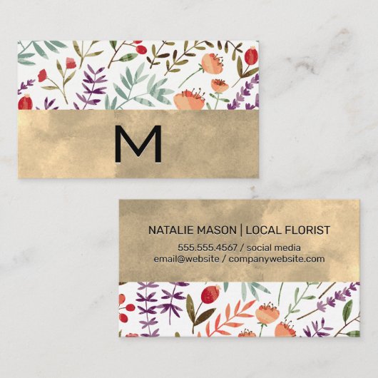 Trendy Floral Pattern | Monogramm Visitenkarte (Vorne/Hinten)