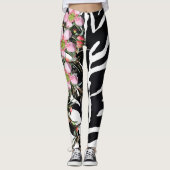 Trendy Floral Pink Schwarz-weißes Muster Monogramm Leggings (Vorderseite)