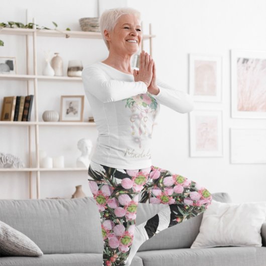 Trendy Floral Pink Schwarz-weißes Muster Monogramm Leggings